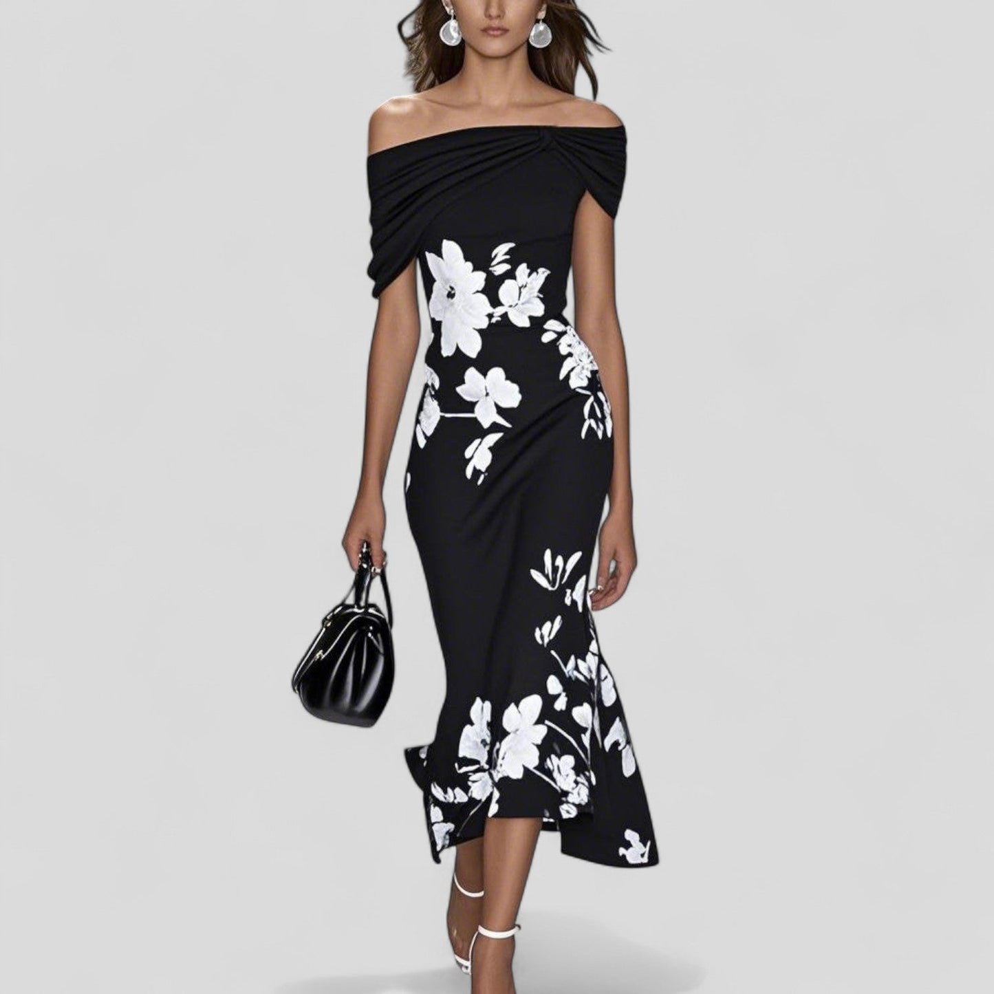 freja | blomstret midi kjole med bardot-hals sort