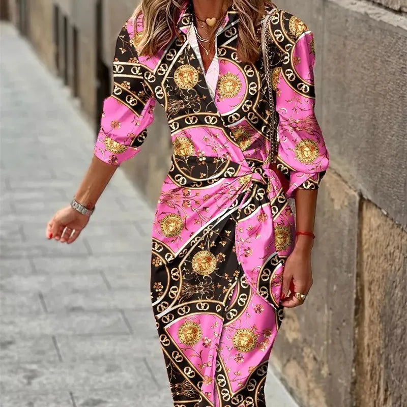 elodie | printed wrap maxikjole mørk rosa med kæde