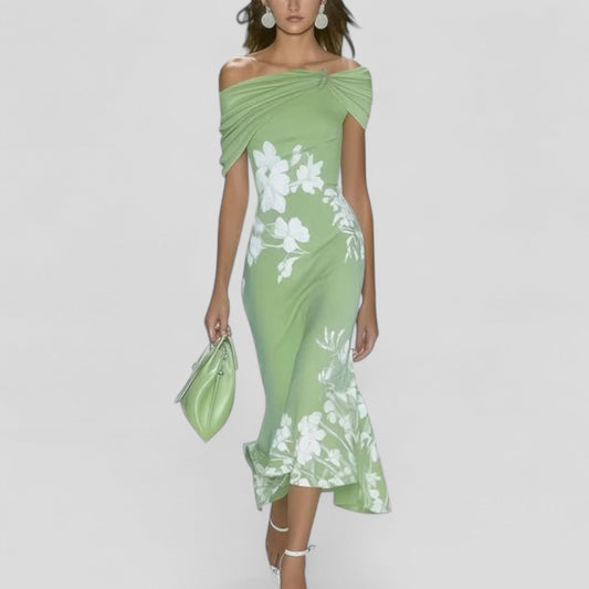 freja | blomstret midi kjole med bardot-hals grøn