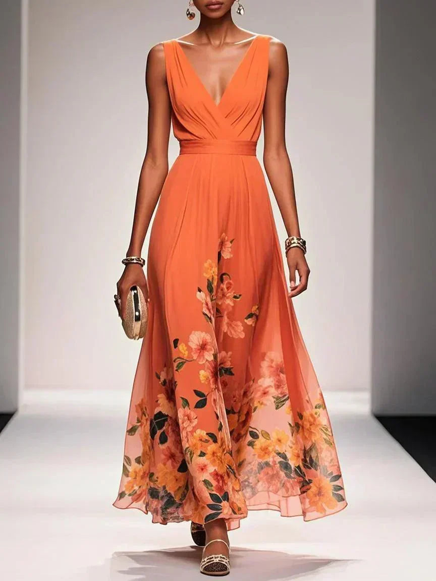 sophia | blomstret bryllupsgæstekjole orange