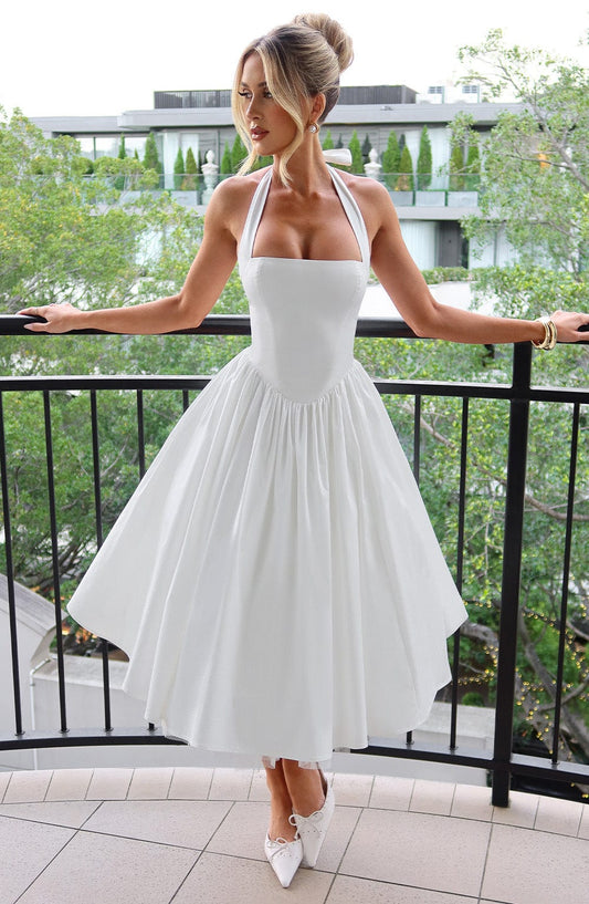 thea | elegant halterneck midikjole hvid