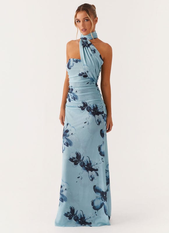 freja | blomstret halterneck maxikjole uden ærmer floral blue