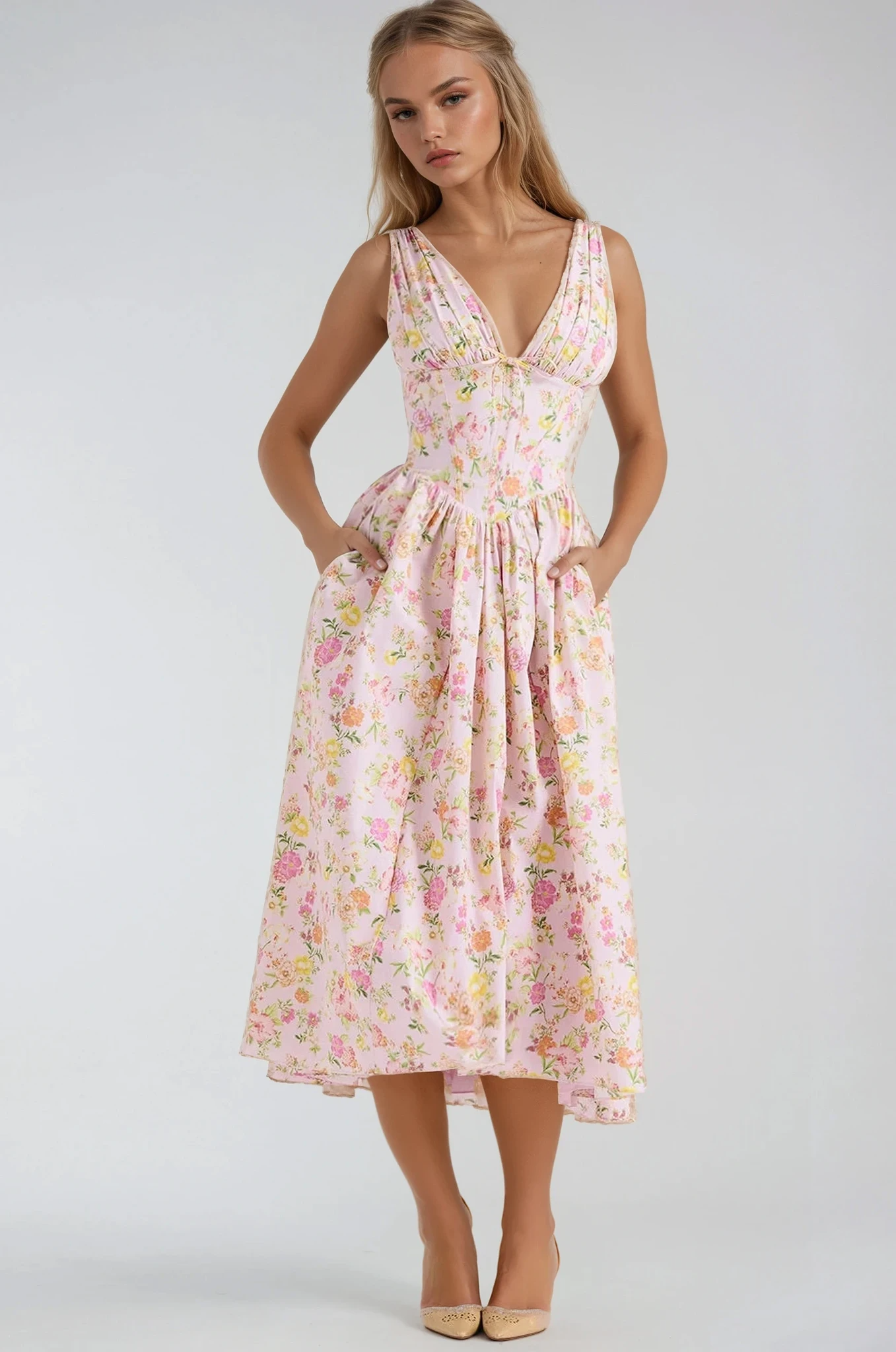 freja | blomstret sommermidikjole pink blomstret