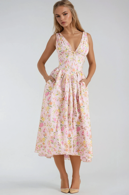 freja | blomstret sommermidikjole pink blomstret