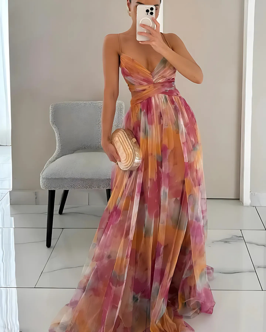 freja | elegant blomstret maxikjole med tynde stropper rosa