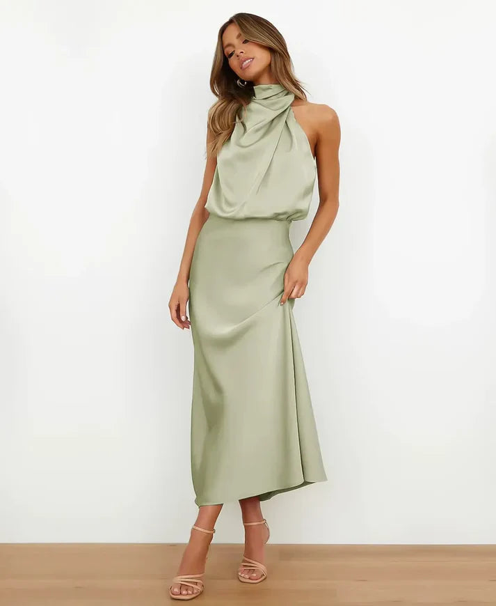 sydney | satin halterneck midi-kjole lysegrøn