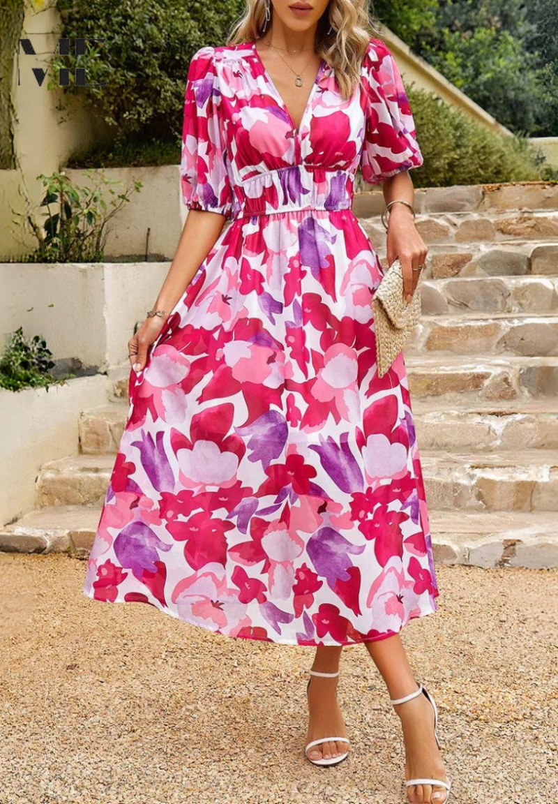 freja | blomstret midi-kjole med v-udskæring