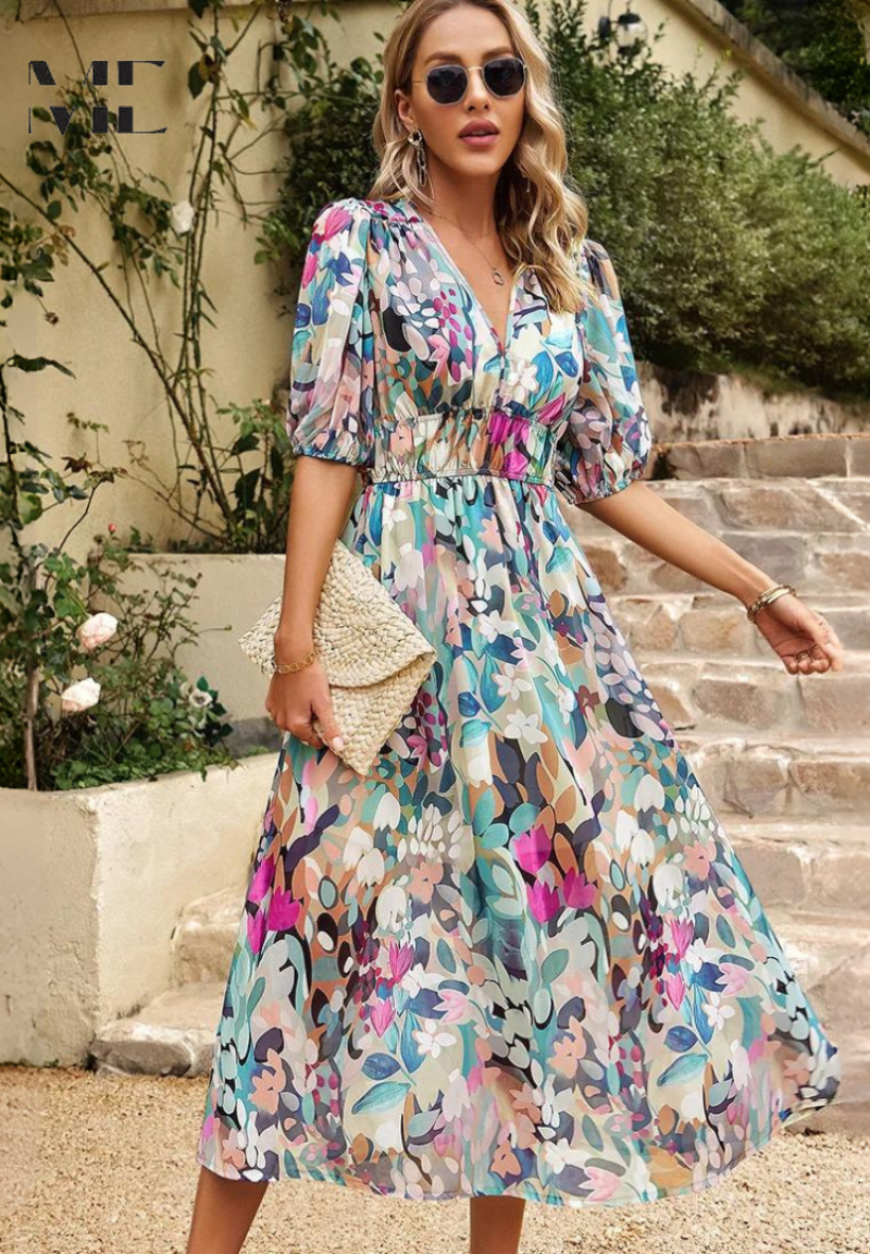 freja | blomstret midi-kjole med v-udskæring