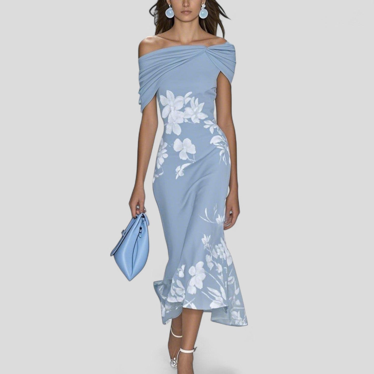 freja | blomstret midi kjole med bardot-hals blå