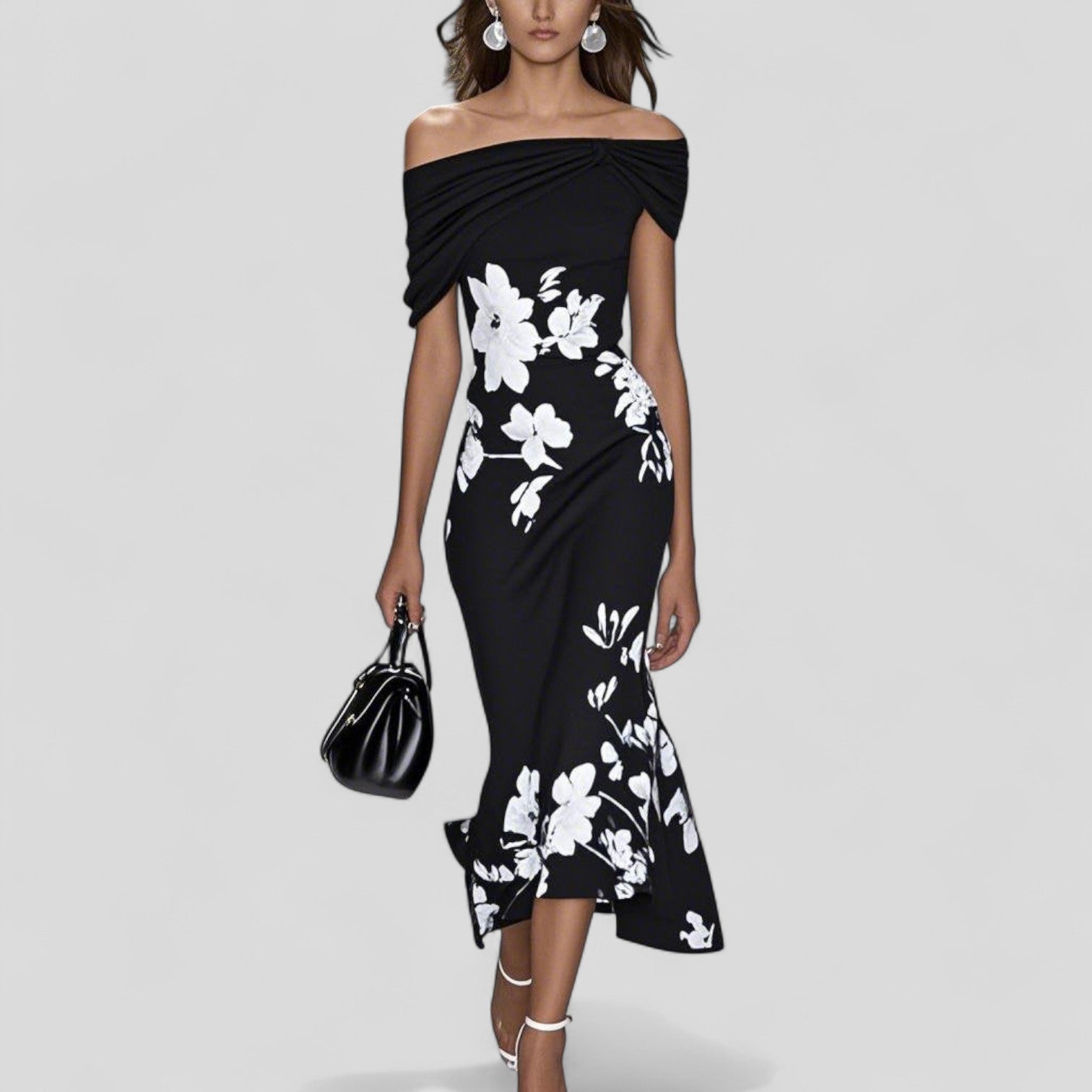 freja | blomstret midi kjole med bardot-hals sort