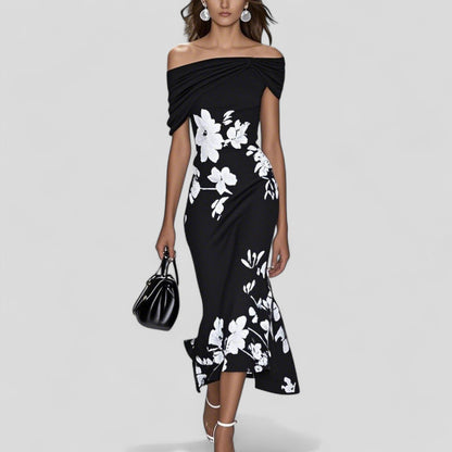 freja | blomstret midi kjole med bardot-hals sort