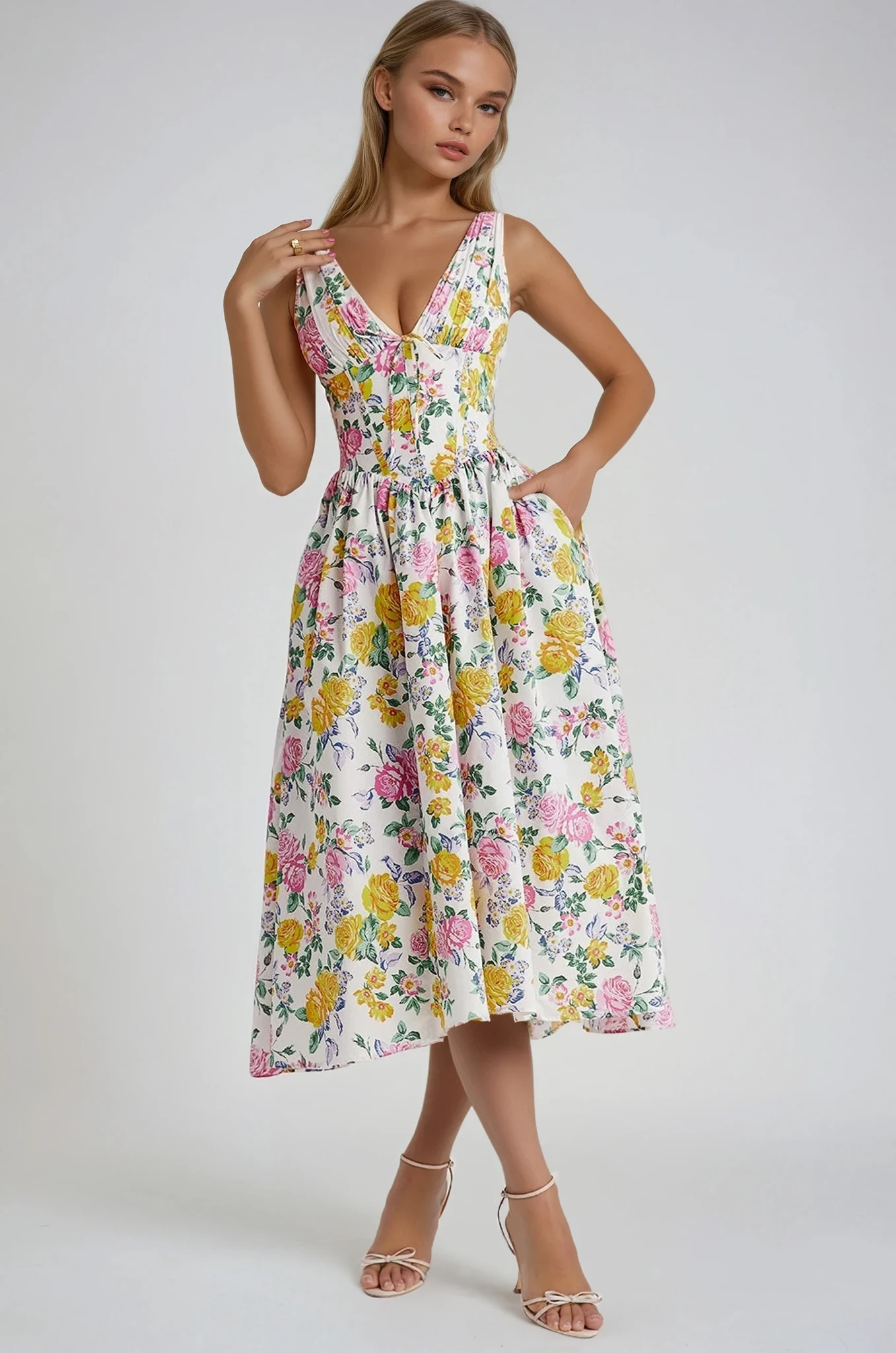 freja | blomstret sommermidikjole gul blomstret