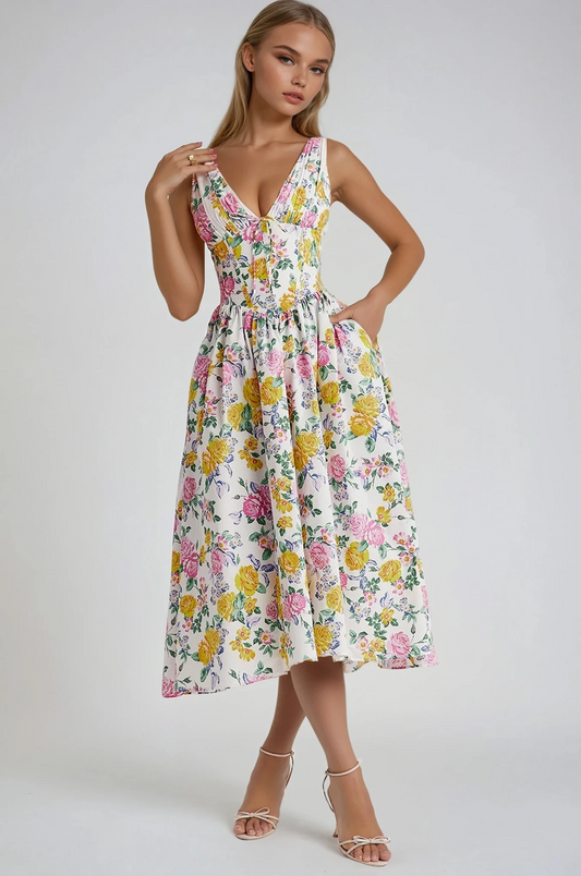 freja | blomstret sommermidikjole gul blomstret