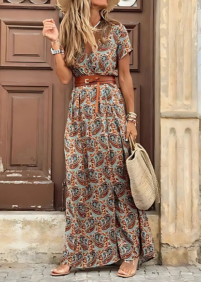violetta | printed v-hals maxikjole med split brun