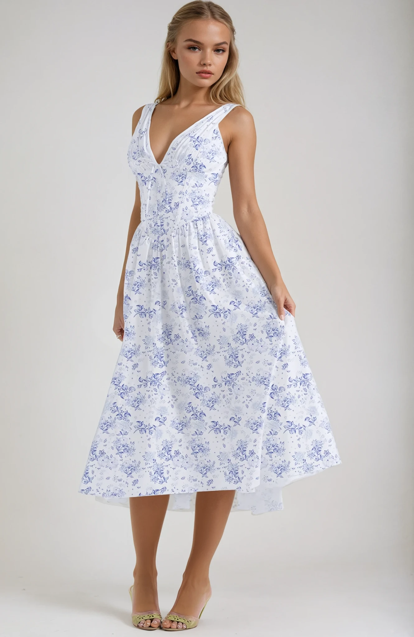 freja | blomstret sommermidikjole blå blomstret