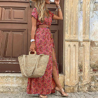 violetta | printed v-hals maxikjole med split rosa